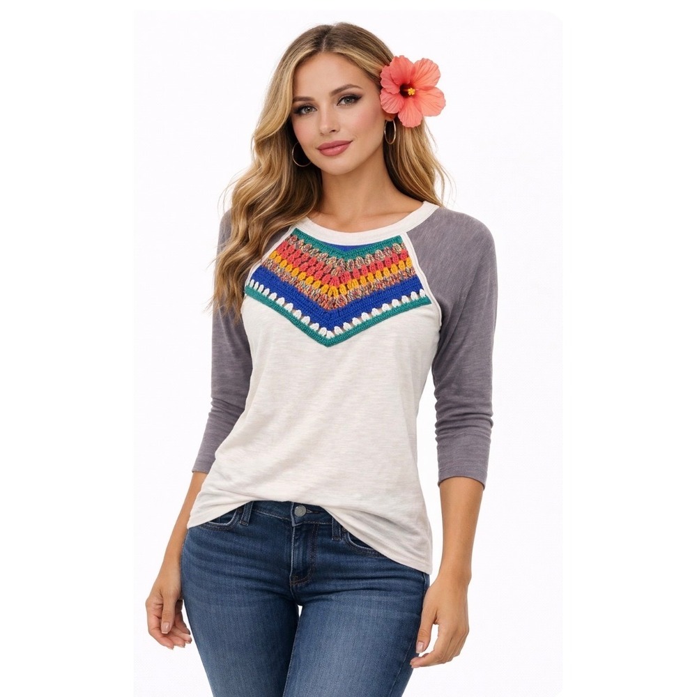 Boho- hippie vibe WeThe FreePeople Crochet Raglan Baseball Tee Cream Purple Med